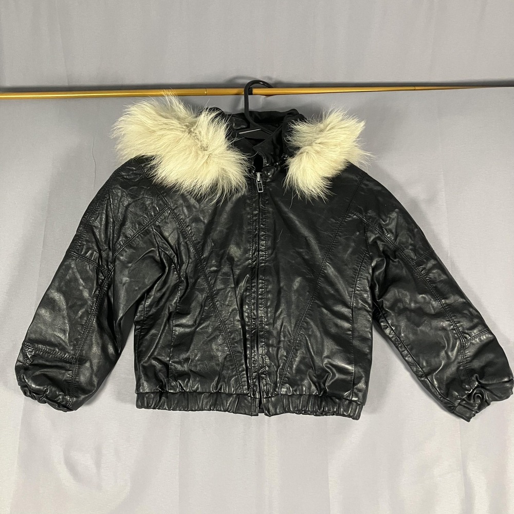Casablanca Leather Jacket Womens 8 Black Genuine Fur‎ Trim Hooded Crop Bomber